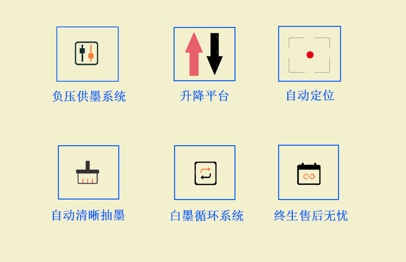 9060uv萬能打印機采用的是負壓供墨系統(tǒng)，超強吸附平臺，噴頭加熱恒溫，自動清晰抽墨系統(tǒng)，白墨循環(huán)系統(tǒng)，以及終生售后無憂